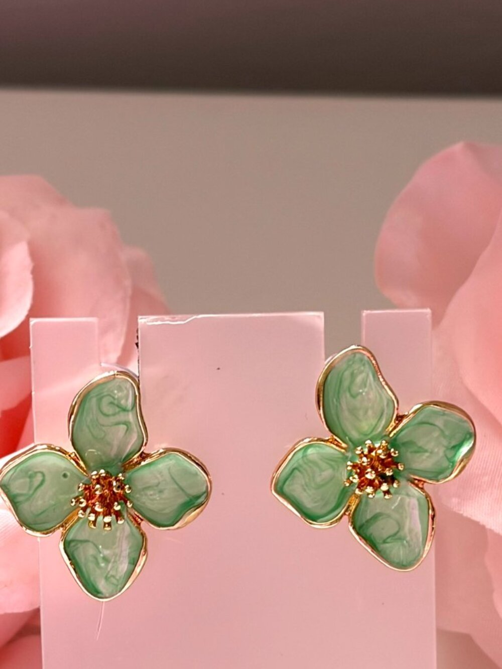 Mint Green Floral Stud Earrings Gold Trim Marbled Flower Earrings